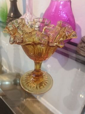Fenton Amber Cabbage Rose Ruffled Compote Vase